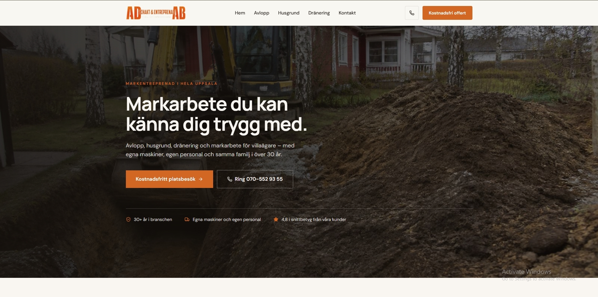 Hemsidan för AD Schakt & Entreprenad